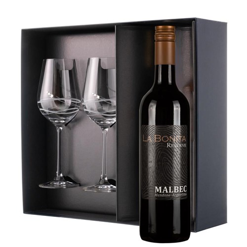 La Bonita Malbec Reserve 75cl Red Wine And Diamante Venezia Glasses Gift Box Set